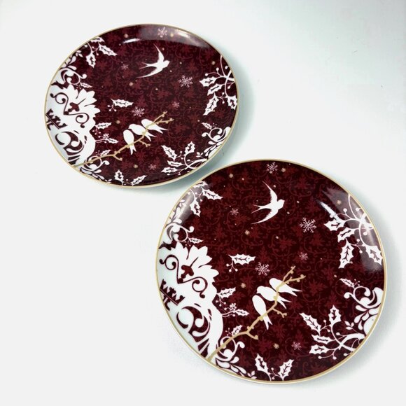 Starbucks 2010 Rosanna Holiday Plates Set Of 2 Red White Gold Birds Holly 8 Inch - Picture 2 of 4